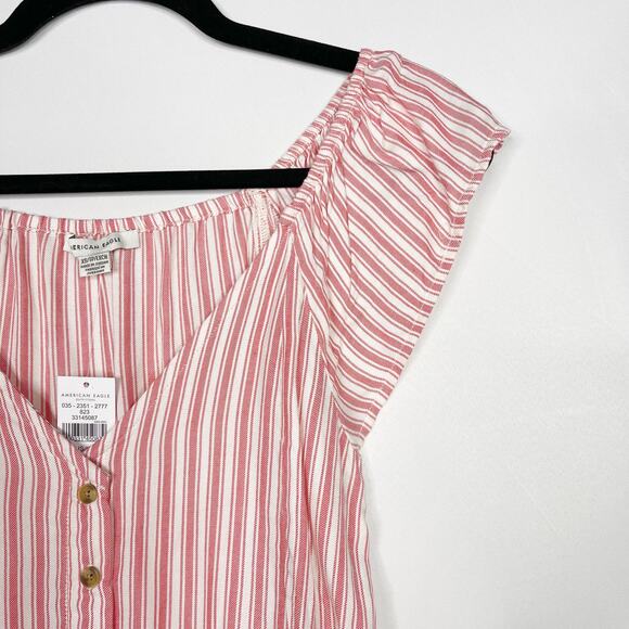 New American Eagle XSmall XS Red Cream Striped Tie Front Button Front Shirt Top - Picture 3 of 9